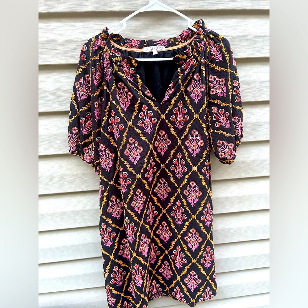 Joy Joy size L black tapestry embroidered puff sleeve midi dress Whimsigoth